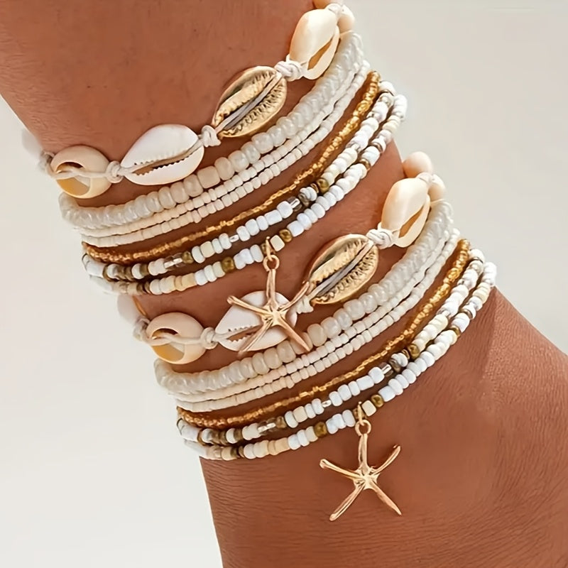 14pcs Bohemian Beaded Anklet Set with Starfish Charms and Shell Accents, Multi-Layer Stacking Beach Style Women's Ankle Bracelets for Daily Wear, Parties, and Vacation Casual, Casual Anklet Wear|Bohemian Style Anklet|Goldtone
